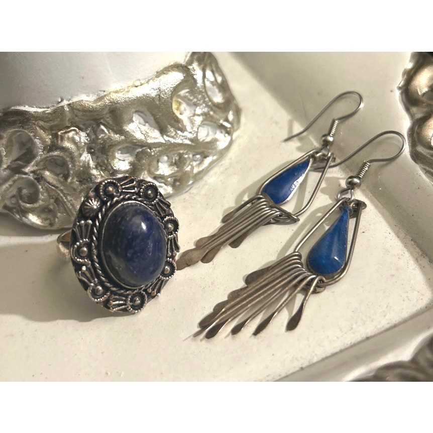 Lapis Lazuli Sterling Silver Drop Earrings And Ring Hand Made Vintage